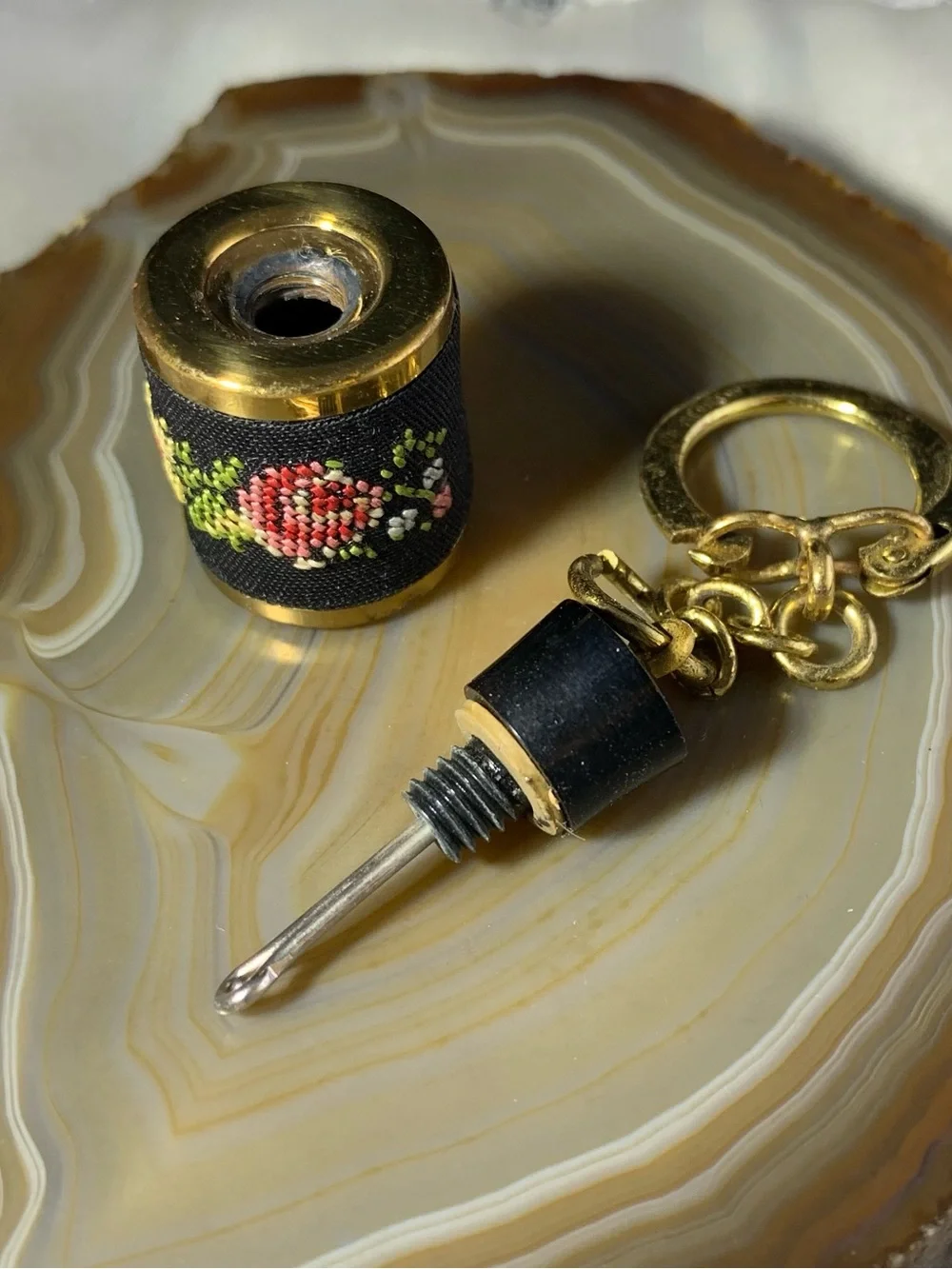 Antique Miniature Perfume Bottle Gold-Tone Floral Embroidered Keychain -